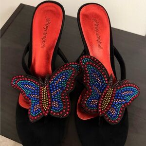Jeffrey Campbell Black Mules with Red and Blue Butterfly